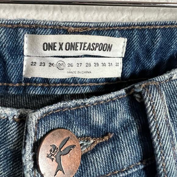 One Teaspoon Orchid Flare Leg Distressed Floral Patch Pocket Jeans 25 - Picture 15 of 16